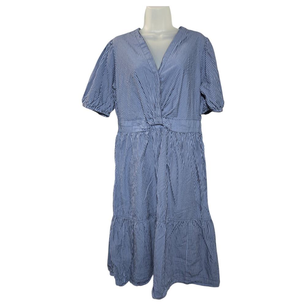 Free Assembly LG Navy Stripe Twist Front Puff Sleeve Midi Dress Coastal Cotton